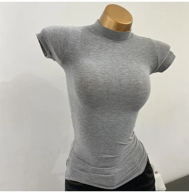 Women'sTurtleneck Ribbed Knit Slim Fit Crop Top Casual Basic T-Shirt Tight Knit Sexy Fitted Cropped T-Shirt