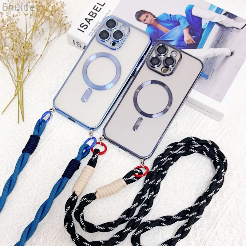Magnetic Transparent Plating Case with Crossbody Lanyard Strap