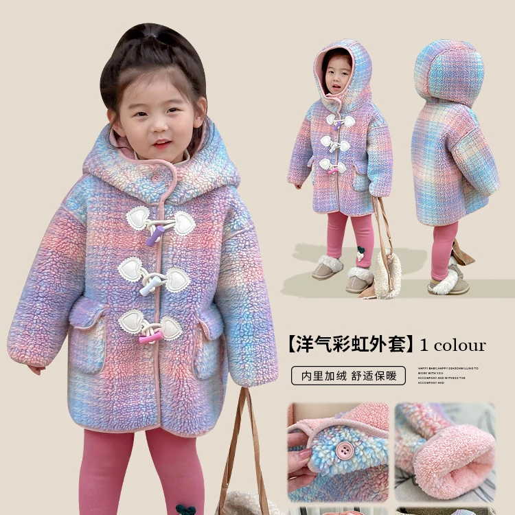 

Winter Thick Warm Fur Hooded Coats for Girls Korean Style Kids Fashion Rainbow Color Plaid Lambswool Overcoats Children Clothes