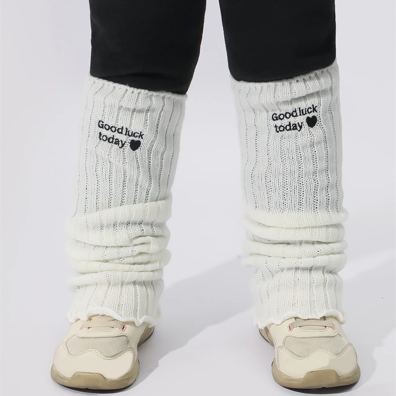 1 Pair Girl's Letter Embroidery Ruffled Knit Leg Warmers, Heart Pattern Trendy Comfy & Breathable Knee-High Boots Socks