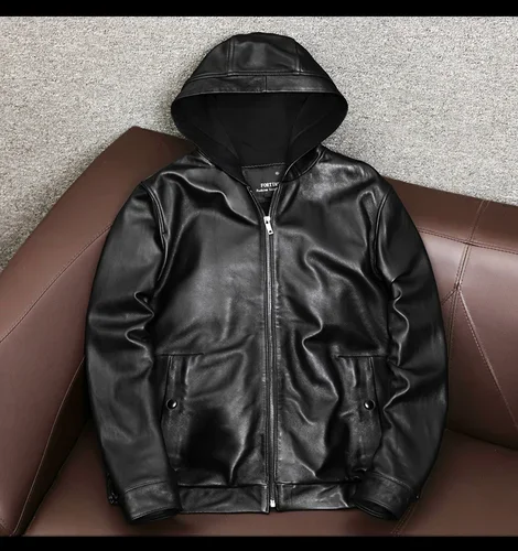 AYUNSUE Men's Genuine Leather Jacket Men Hooded Korean
