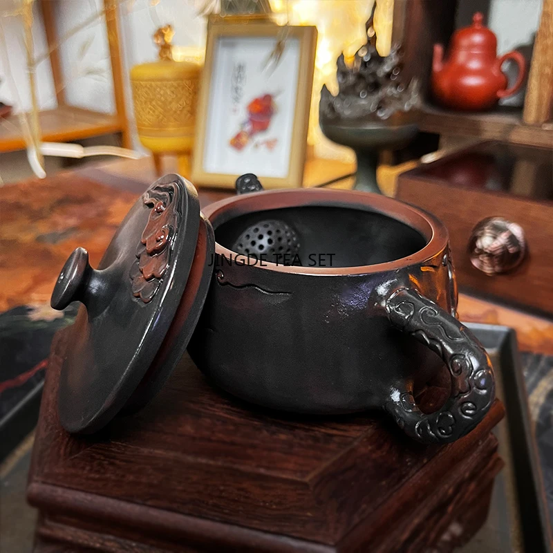 1 purple pottery vintage handmade teapot ceramic carved kung fu teapot pu erh tea set