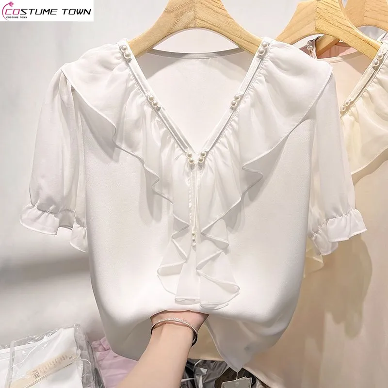 2024 New Fashionable and Slim Style Solid Color Pearl Ruffle Edge V-neck Pullover Short Sleeve Chiffon Shirt Women's Summer