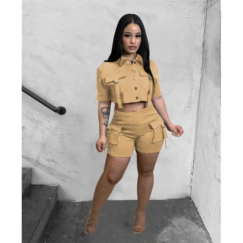 

WUHE Street Cargo Style Women's Set Pocket Shirt and Safari Style Shorts 2024 Fashion Sweatsuit Two 2 Piece Set Outfit Tracksuit