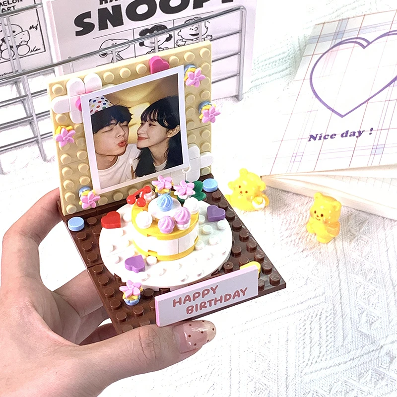 모크 크리에이티브 빌딩 블록 생일 케이크 촛불 불기 사진 벽 박스 모델 세트 조립 브릭 장난감 남자친구 커플 선물