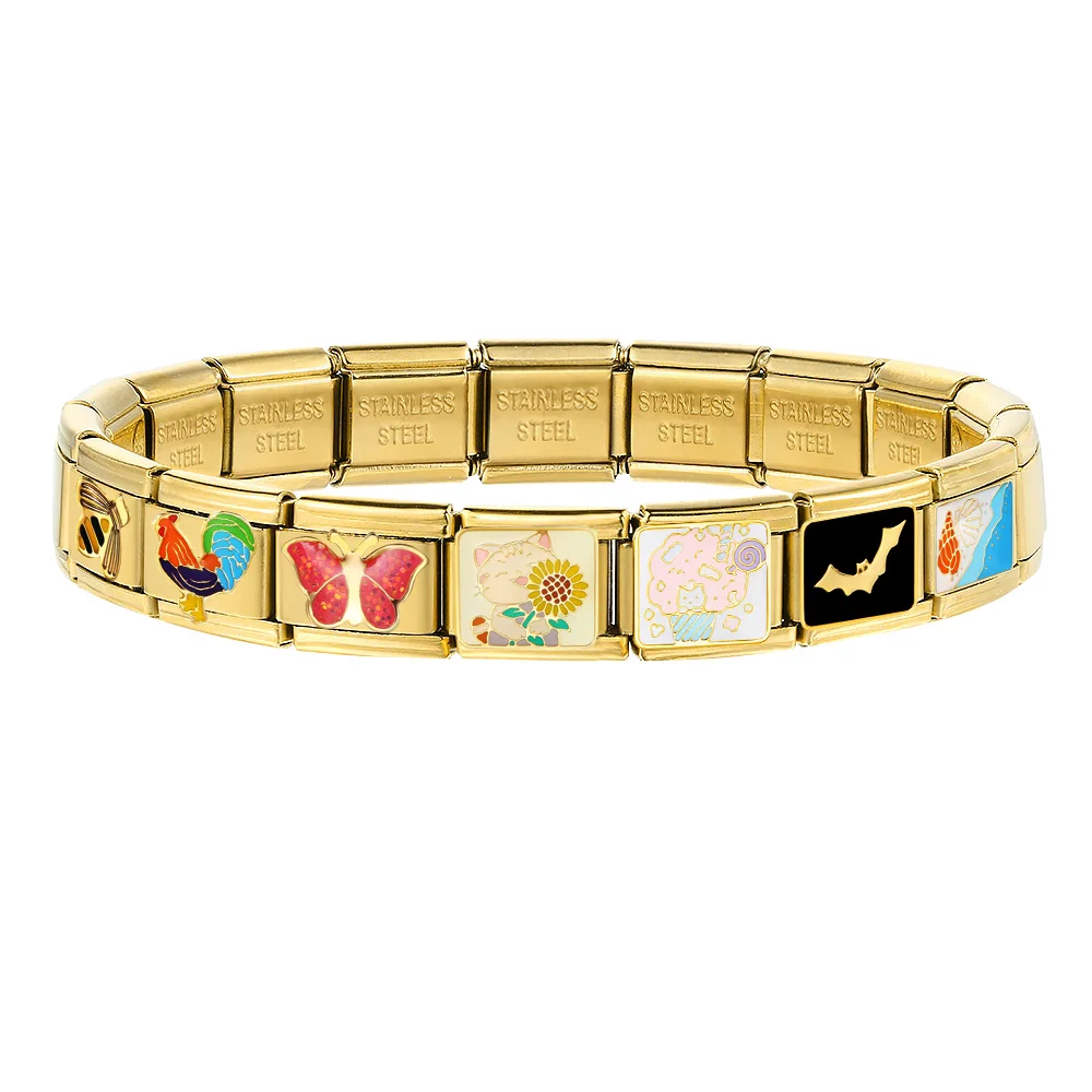 Design 9mm Charms Link Alle Gold Farbe Perlen Meeresschildkröte Muschel Huhn Sonnenblume Katze Italienischer Schmuck Edelstahl Armband DIY – Detail 2