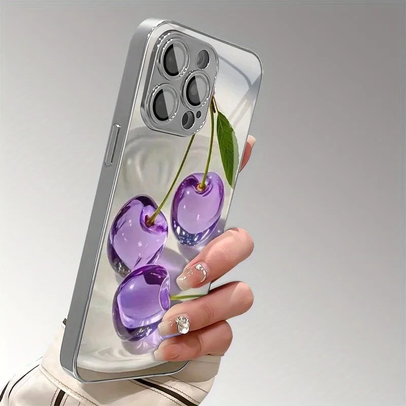 Purple Crystal Cherry Pattern Electroplated Glass Phone Case