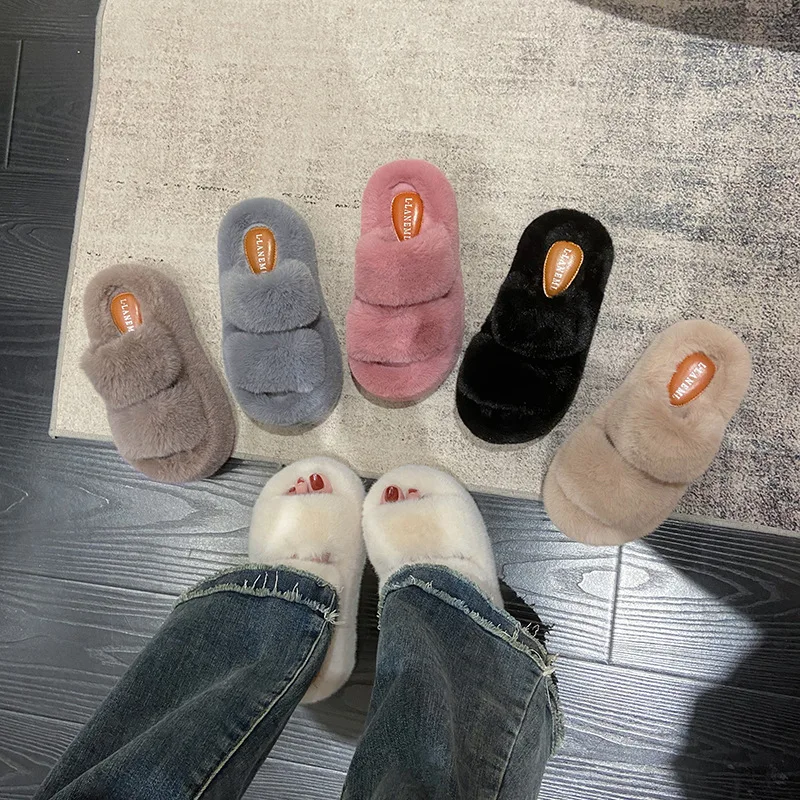 7cm Fashion Women Fluffy Slippers Winter Warm Slippers Woman Flat Platform Slippers High Quality Furry Faux Fur Slides Women 42