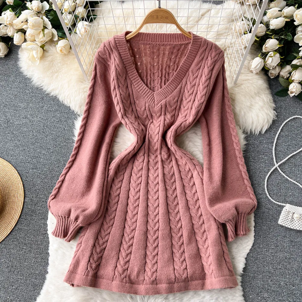 

Women Chic Elegant Lantern Long Sleeve Vneck Dress Sexy Korean Fashion Knit Vestidos Elastic Slim A-line Sweater Dress