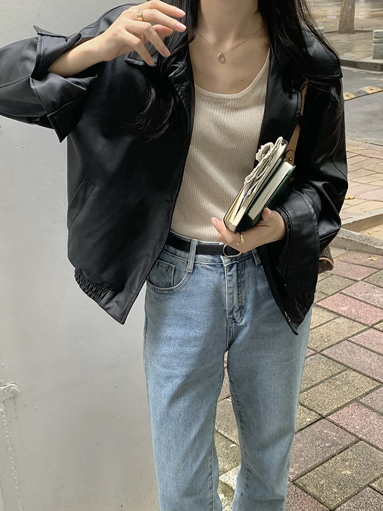 QOERLIN Faux Leather Jacket Women Casual PU Loose Motorcycle Jackets Female Streetwear Oversized Coat Korean New Autumn Winter