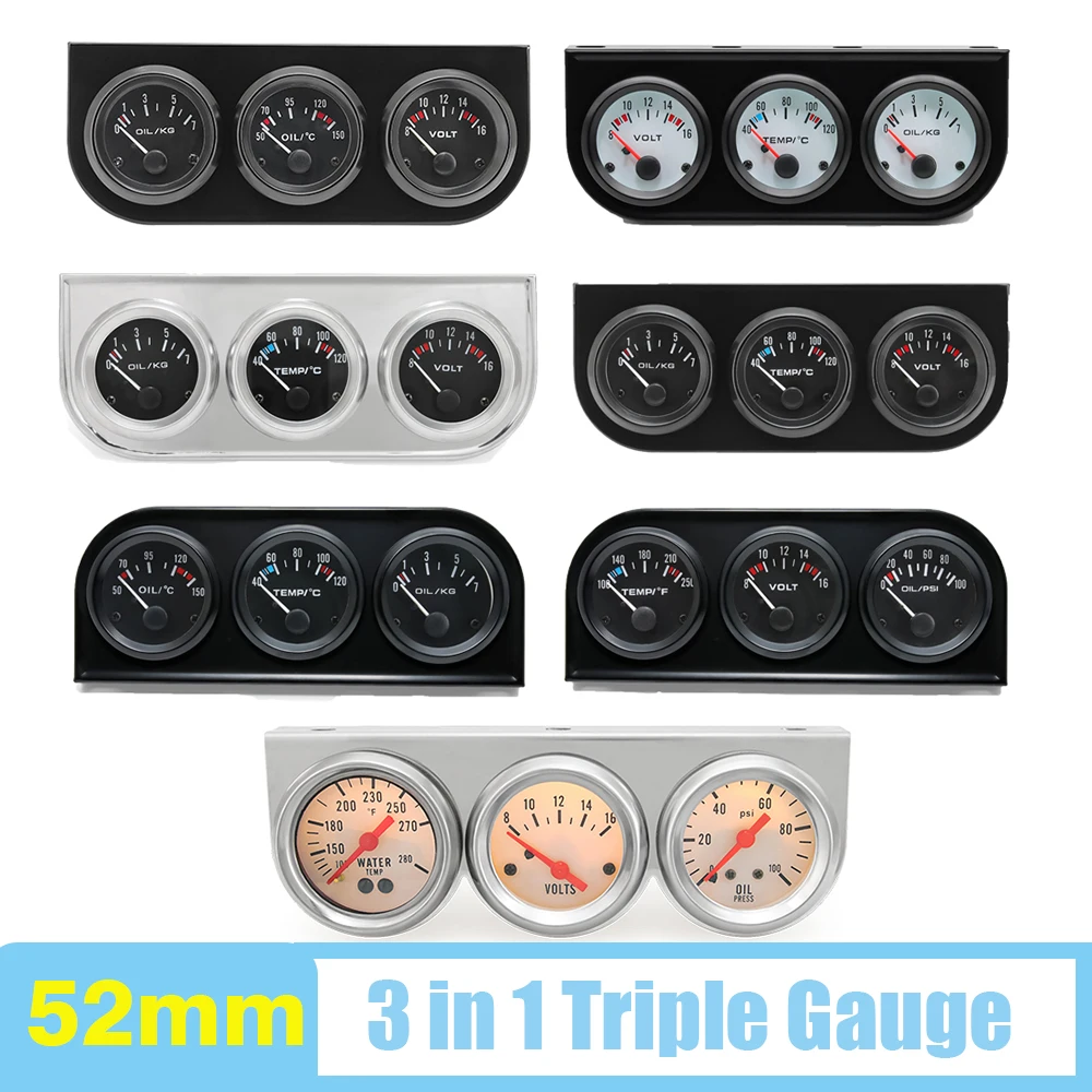 Oil Temp Oil Pressure Volt Car 3 in 1 Triple Meter Modification Gauge 40~120 Celsius Water Temperature Sensor 2" 52mm 1/8NPT Water Temp Gauge