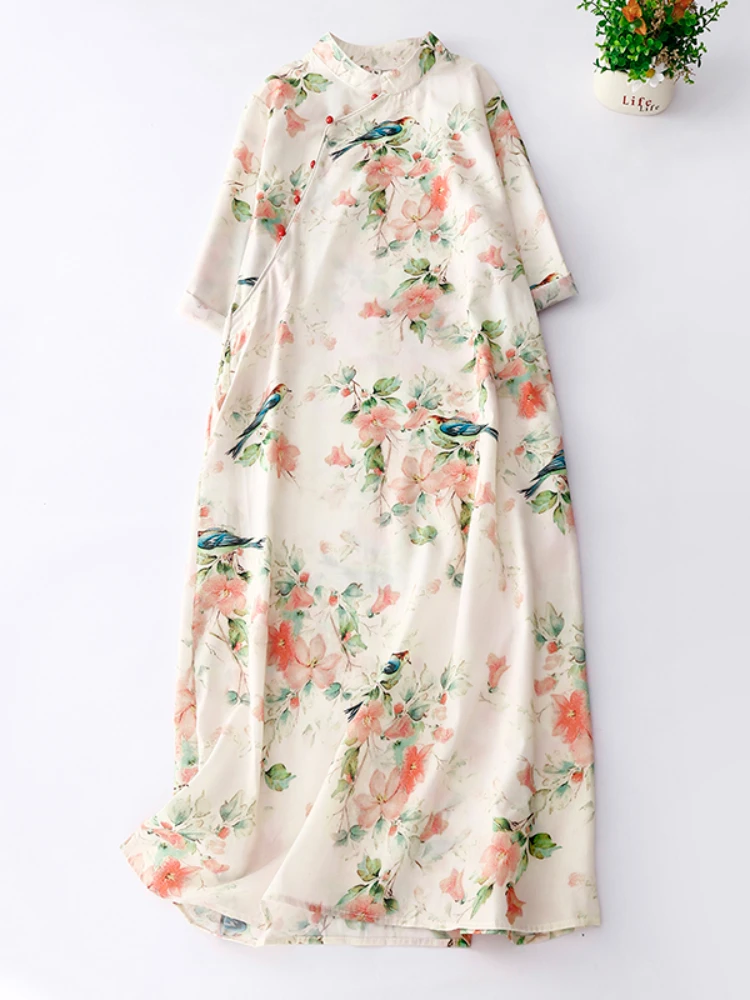 

Casual Summer Clothing Vintage Dresses for Women Ramie Chinese Style Shackle Floral Cotton Linen Dress Hot