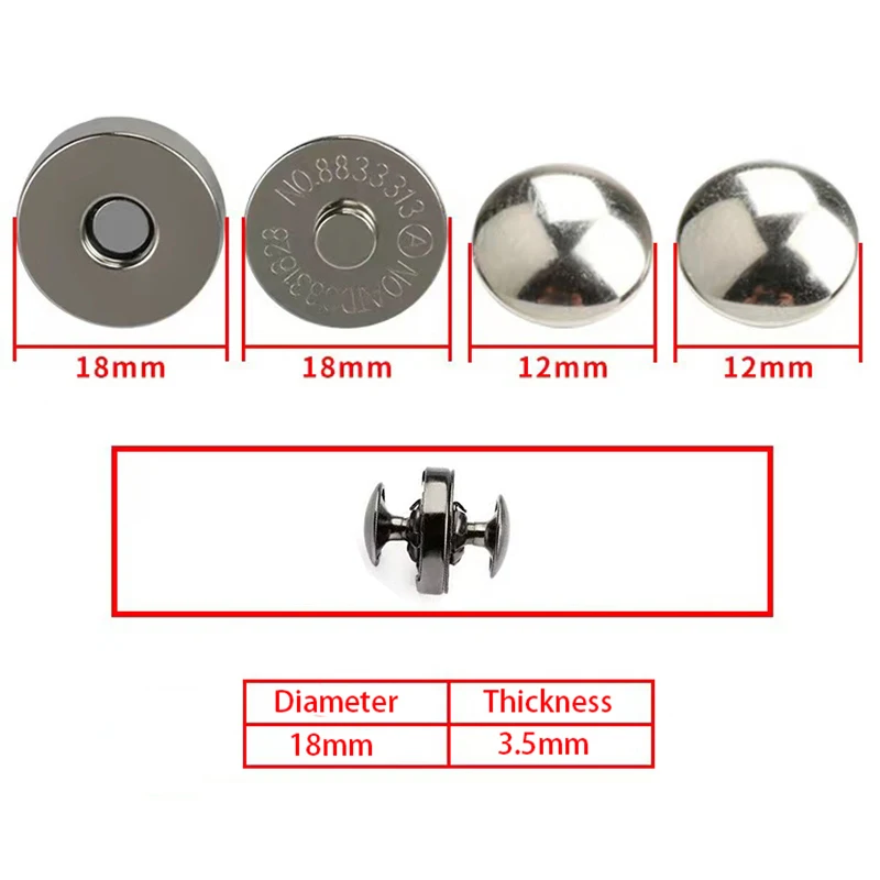 10 Sets Metal Double Rivet Magnetic Clasps Buttons Fastener Bag Press Buckle Purses Handbag Clothes DIY Accessories 14mm 18mm 3