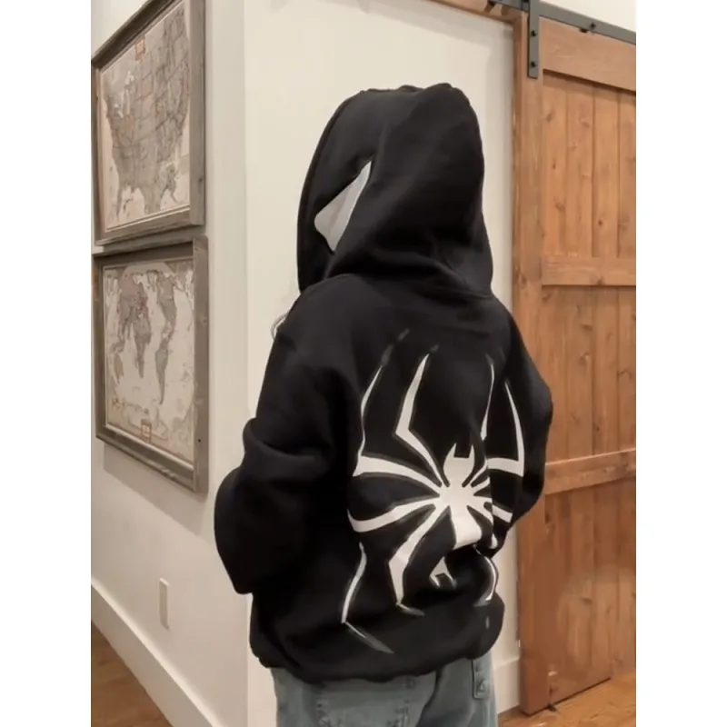 

Y2K Style Dark Spider Print Hoodie Pullover Long Sleeve Tops Hip Hop Punk Kpop Dance Winter Clothes High Street Retro Sweatshirt