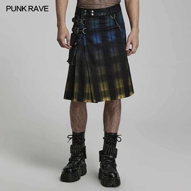 

PUNK RAVE Men's Punk Style Gradient Scottish Kilt Skirt Pressed Pleat Men Clothing Streetwear Spring and Autumn