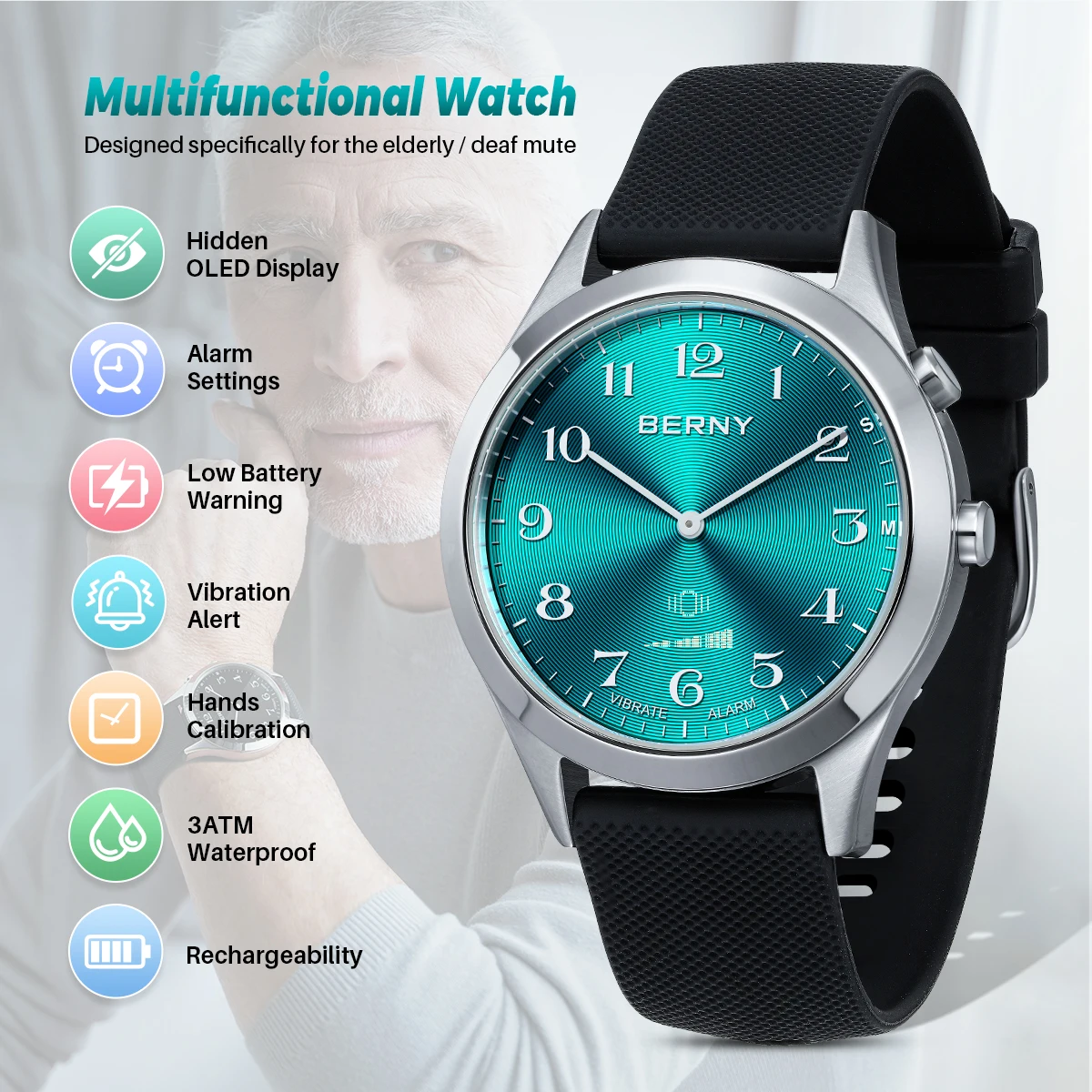 BERNY Smart Analogue Vibrating Watch Multifunctional Elderly medication reminder for elderly/deaf Watch for hearing impaired