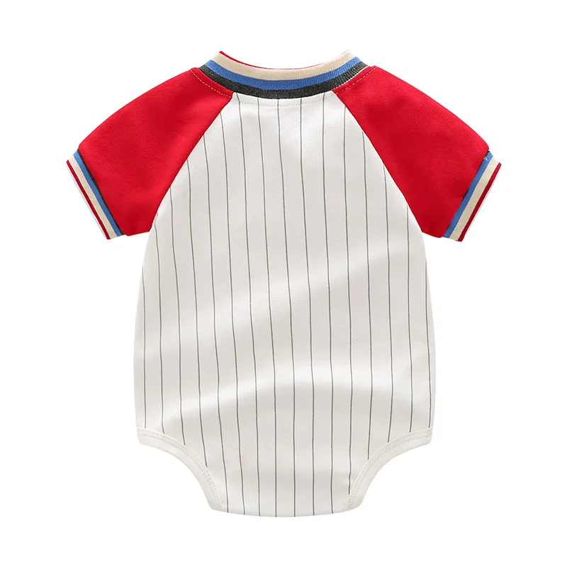 Baby Bodysuit Newborn Infant Color Block Baseball Romper Short Sleeve Stripe Letter Embroidery For Baby Boys Toddler
