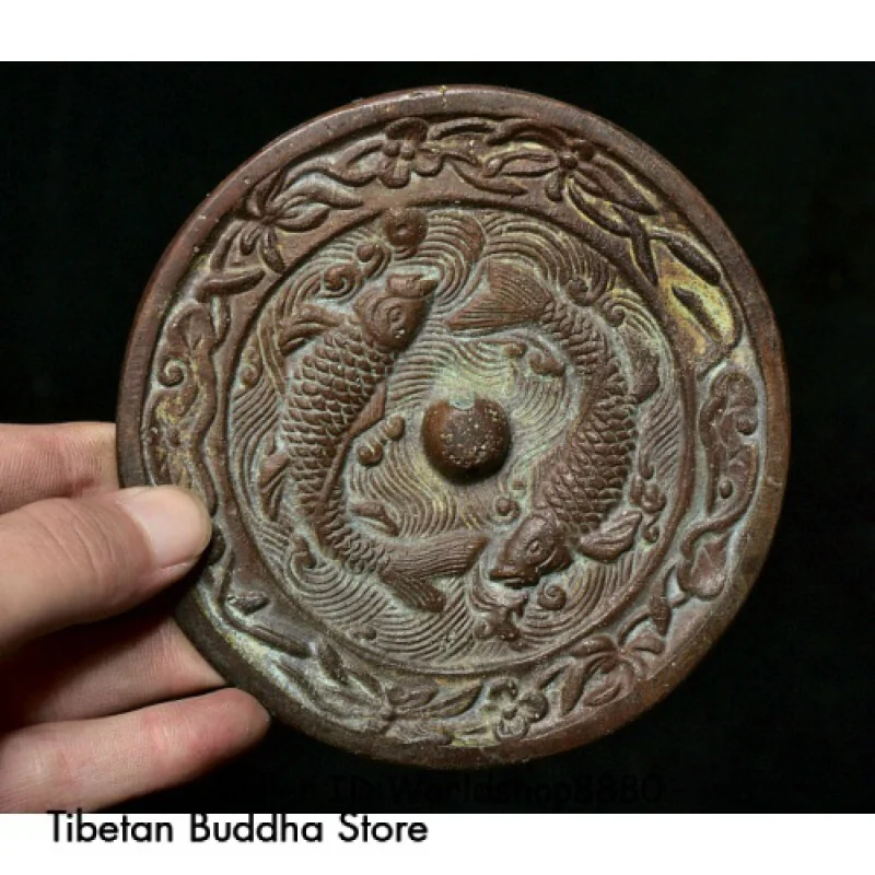 

4,6 "античное старинное китайское Бронзовое Зеркало династии с двойным рисунком рыбы, бронзовое зеркало