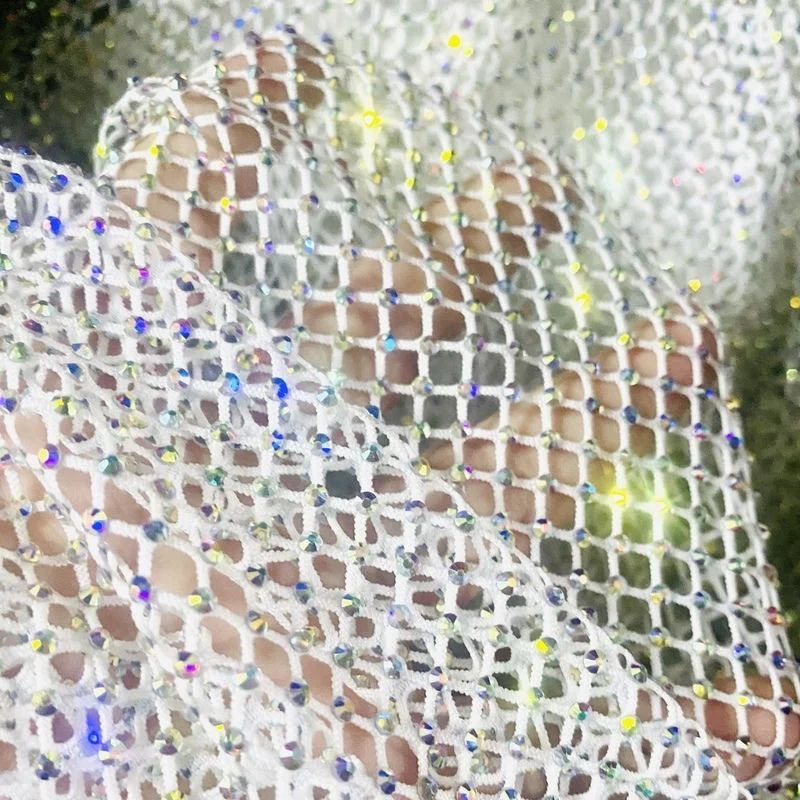 Luxurious High Gloss Elastic Diamond Mesh Fabric with Satin Belt Trim for DIY High-End Dressmaking