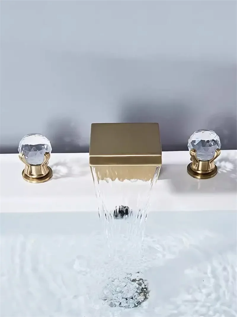 Description Picture 4 of itemTuqiu Luxury Brushed Gold Bathroom Faucet Brass Widespread Basin Sink 3 Hole Hot Cold Black  Water Tap