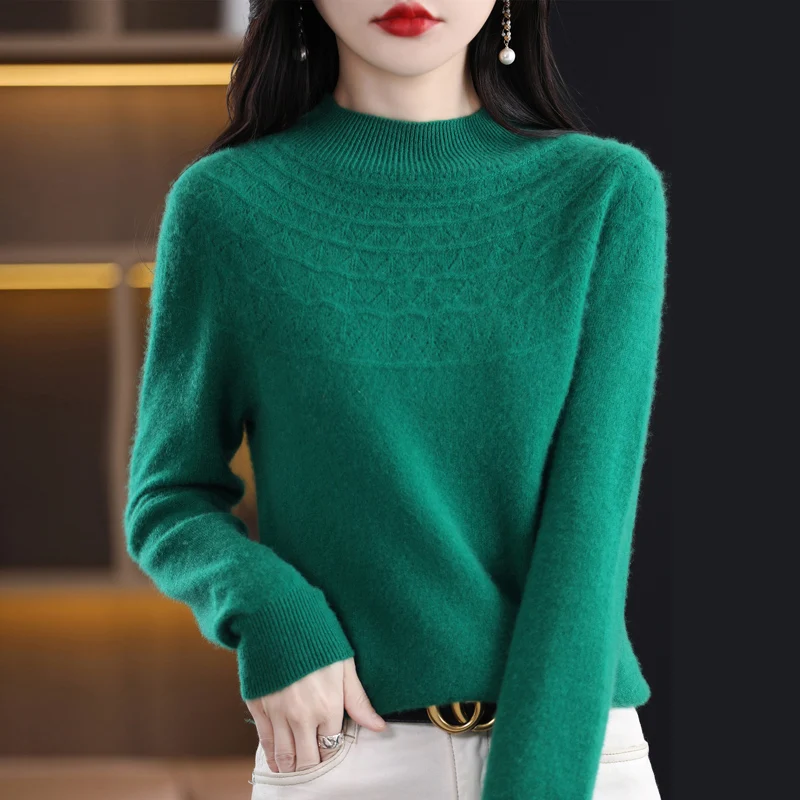 Women's Autumn And Winter First-line Half Height Knitted Sweater 100% Wool Sexy Hollow Out Versatile Top Fashion Pullover NJR 5