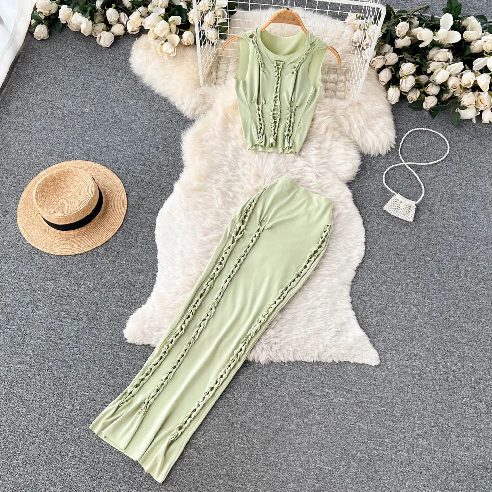 

Summer Women Elegant Fashion Sexy Skirts Suit Sleeveless Cropped Tanks Tops Bodycon Saya 2 Pieces Female Chic Outfits New