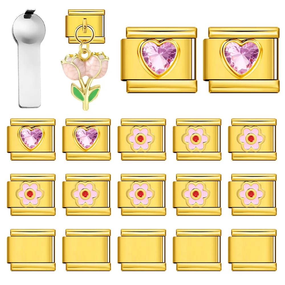 URING 9 mm italienisches Edelstahl-Armband, Herz-Blumen-Werkzeug-Kombinationsset, 19-teiliges Set, DIY-Charm-Schmuck, Valentinstagsgeschenke