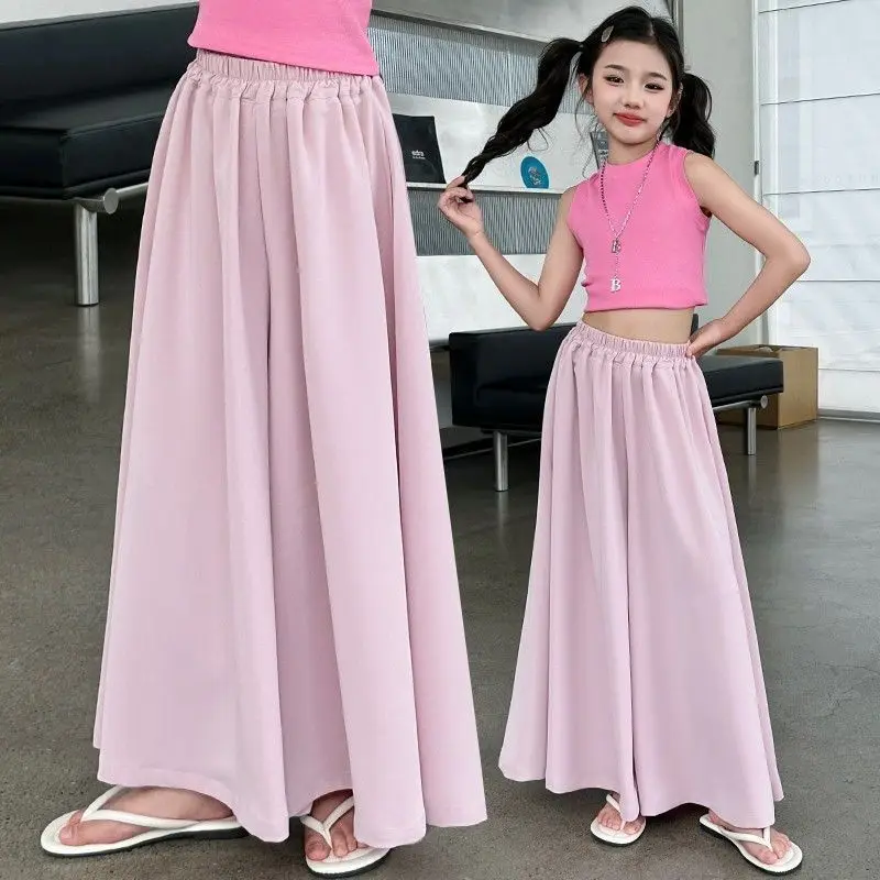 2025 GREEN summer Teenager Girls Children ice silk wide leg loose dance retro Pants 5 8 10 12 14 Years Baby Trousers Kids 5