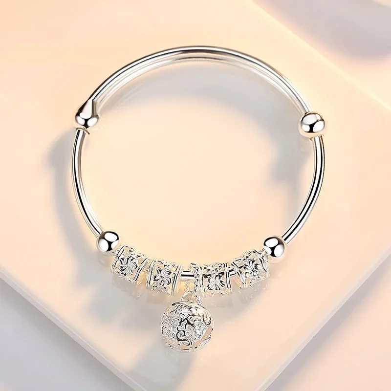 2024 Fashion Women Jewelry Gift Charm Artificial Stone Bangle Cuff Bracelet Ball Bell Pendants Sliver 925 Sterling Silver 3