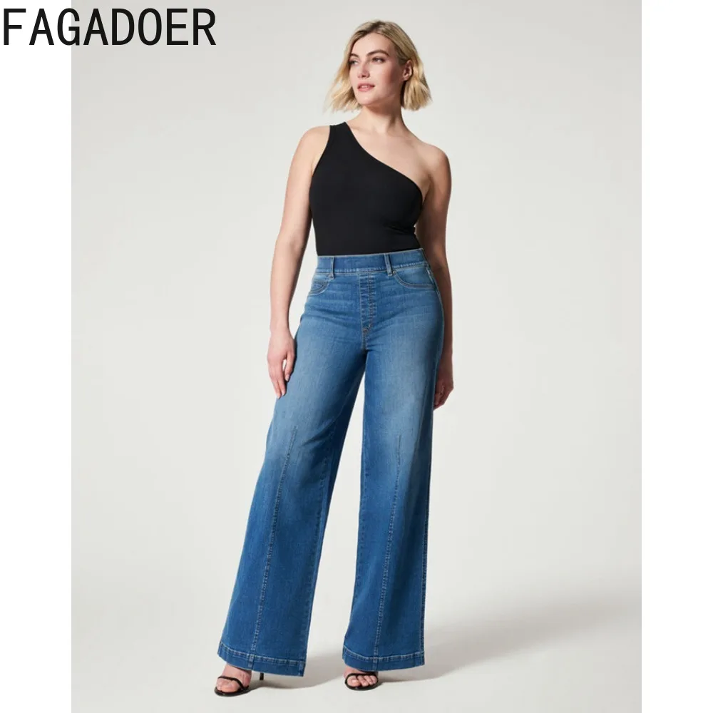 FAGADOER Vintage Fashion OL Streetwear Women High Waist Button Wide Leg Denim Pants Casual Female Cowboy Trousers Autumn Jean