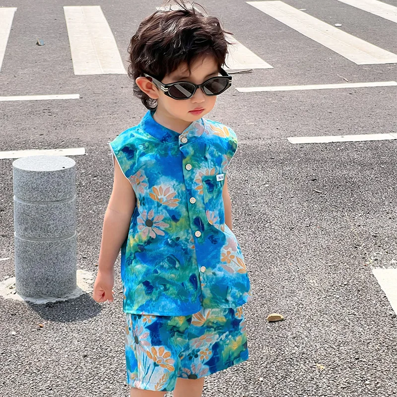 Summer Kids Boys 2PCS Clothes Set Korean Floral Printed Toddler Boys Vest Tops Suits Loose Thin Handsome Baby Boy Shorts Outfits