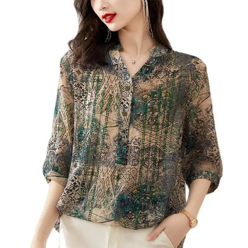 

Elegant Beading Chiffon Blouse Long Sleeves Printing European Fashion Women Blouse