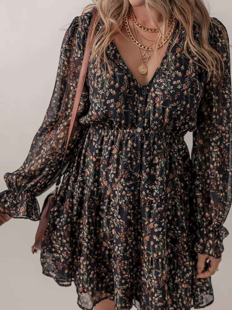 

V-neck Black Floral Print Knee Length Skirt Cover