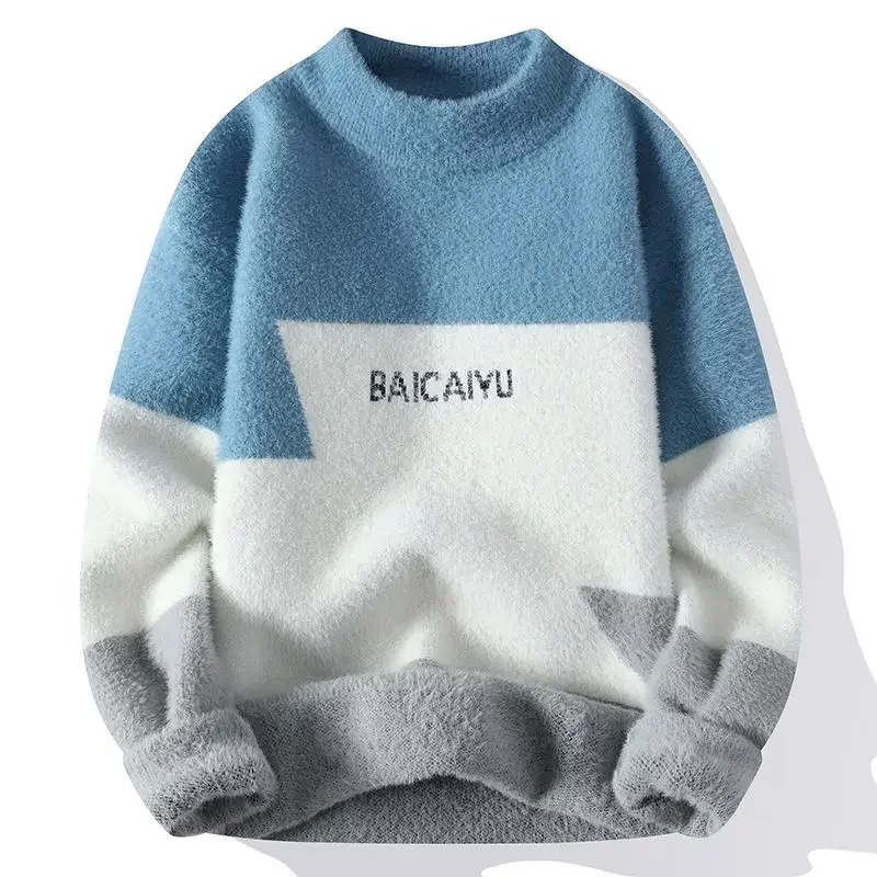 Round Collar Pullovers Icon Knit Sweater Male Blue Crewneck Men's