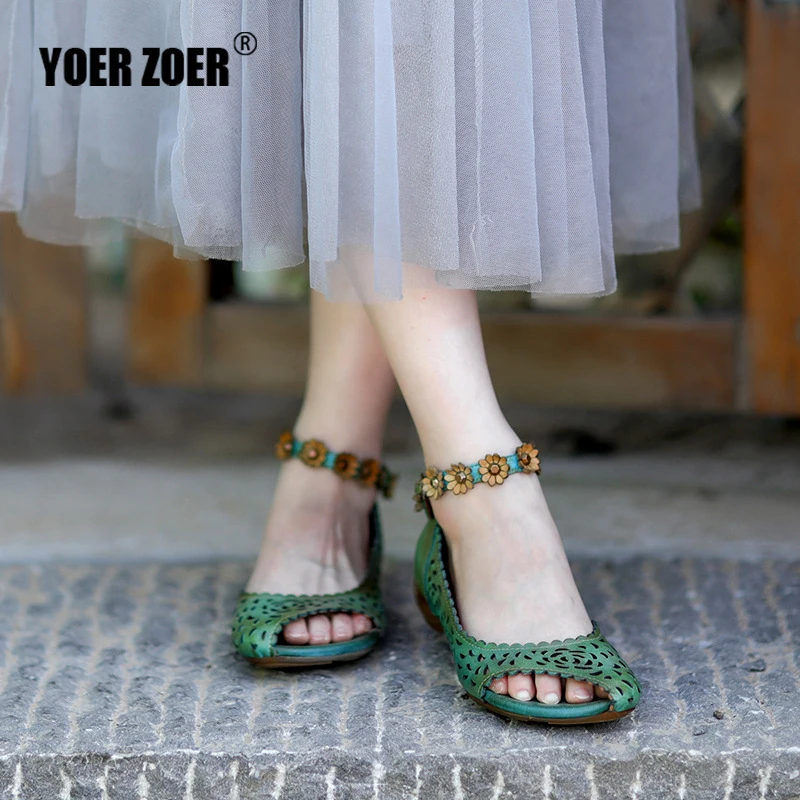 

Original Design Cowhide Hollow Flower Low Heel Women's shoes Genuine Leather Women's fish mouth sandals Retro Ethnic Style New