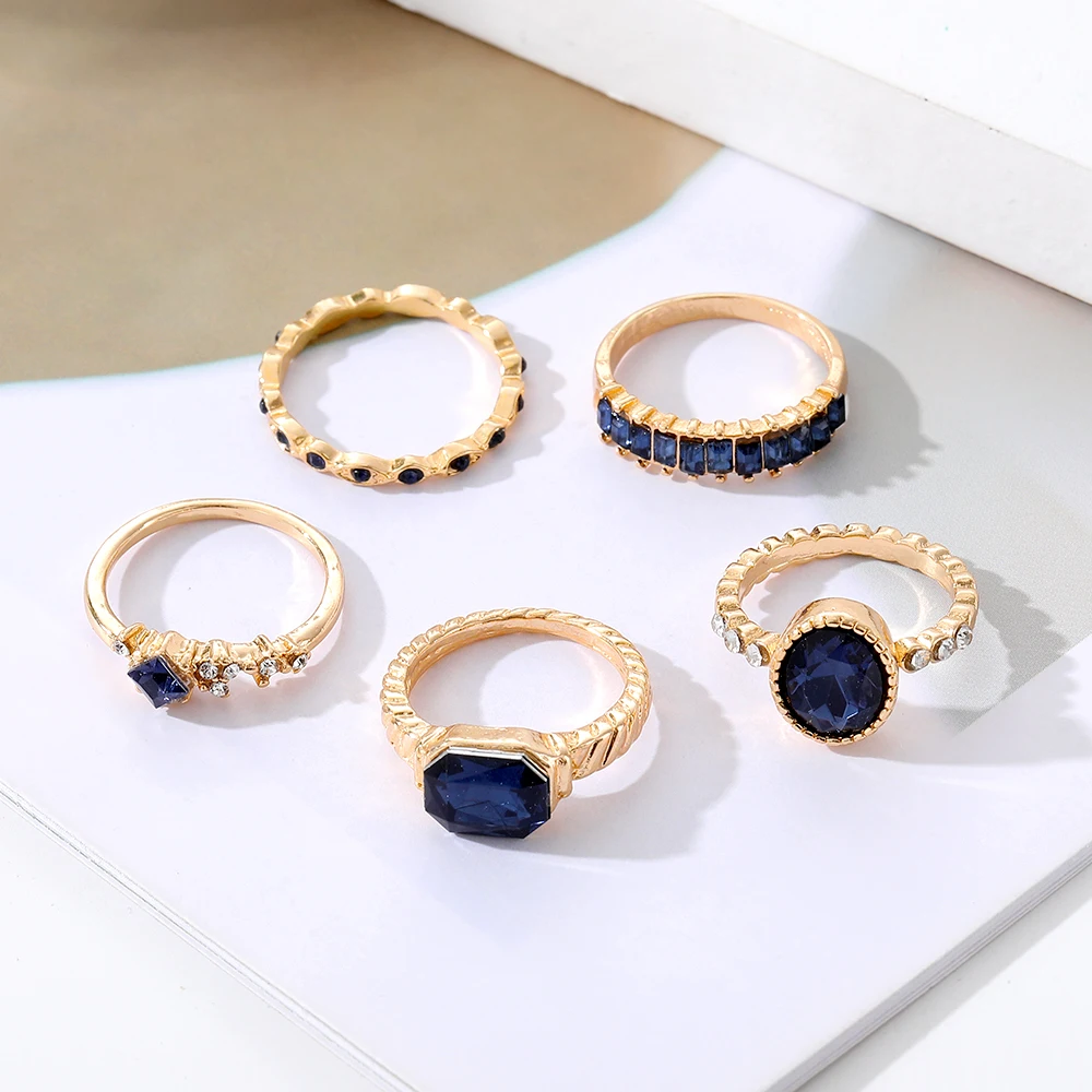 IFMIA Bohemian Blue Crystal Rings Set For Women Gold Plated Vintage Geometric Anillos finger rings crystal rings bohemian rings