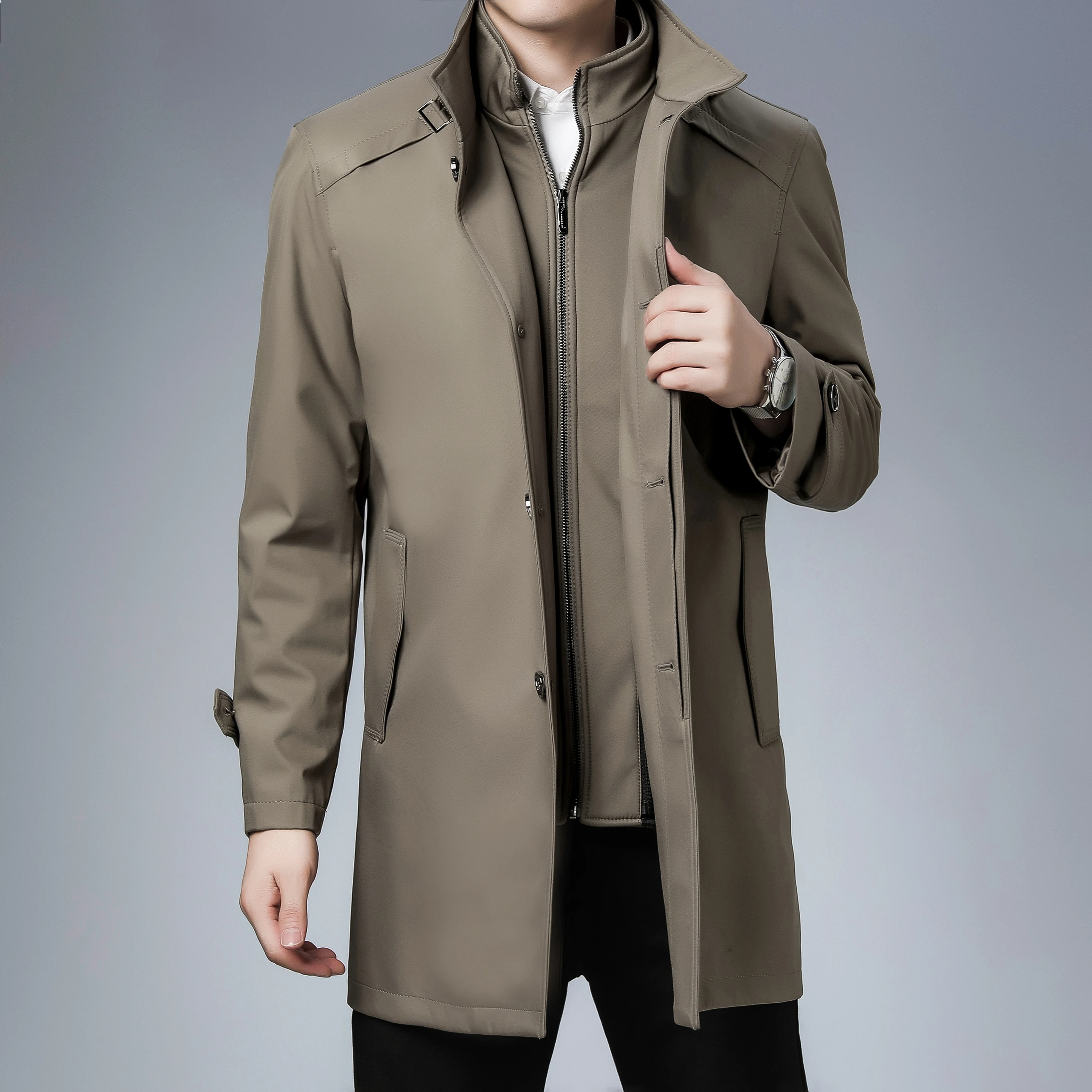 Mens Spring Autumn Windbreak Overcoat Long Trench Coats Business Casual Spring Men's Solid Turn-down Collar Long Jacket Clothing