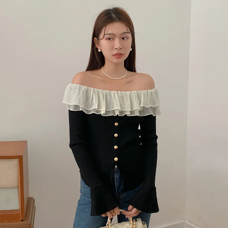 

Elegant Off Shoulder Sweater Women Autumn Winter Long Sleeve Ruffles Knitted Tops Pullovers Jumpers Pull Femme