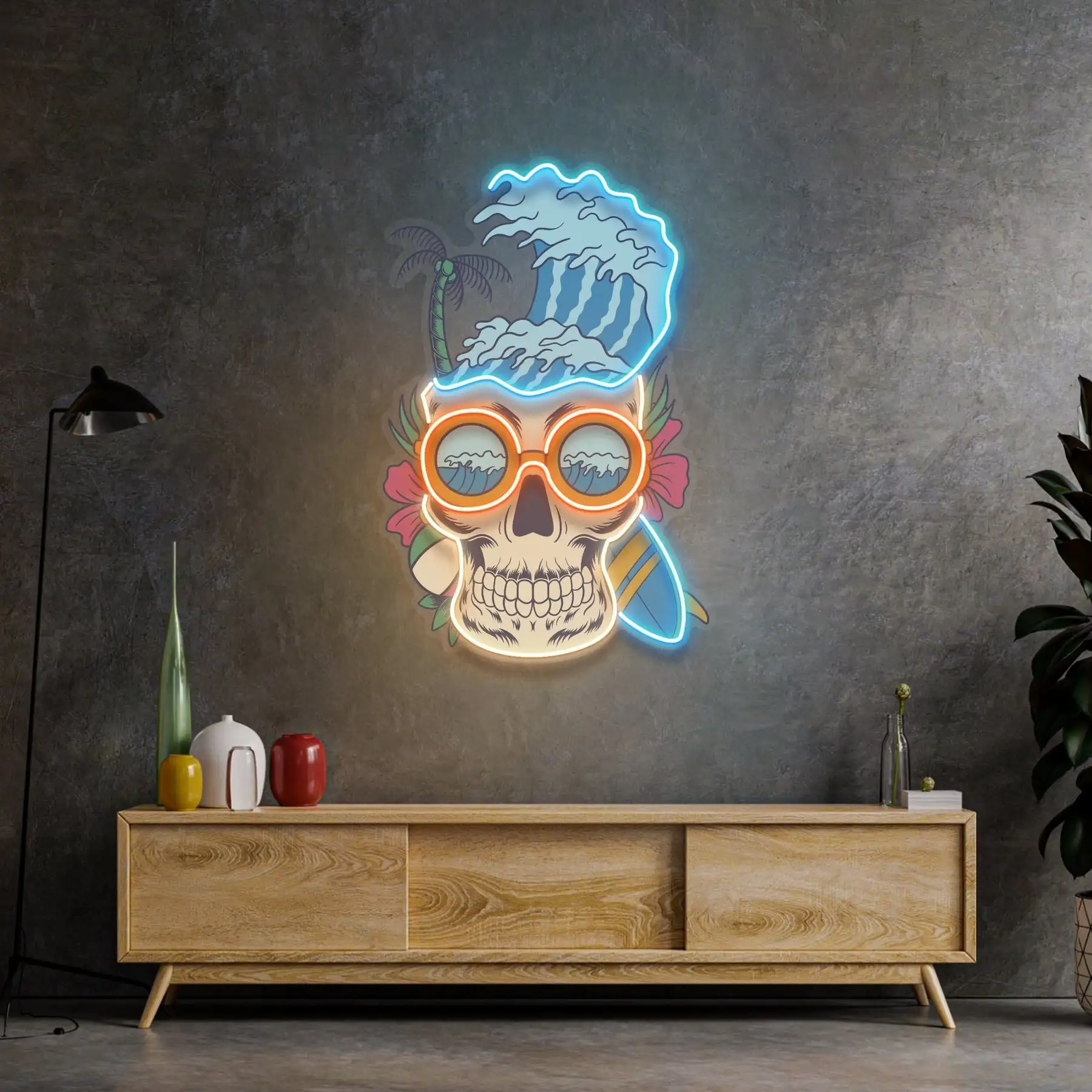 

Skull Beach LED Neon Sign Pop Wall Art Hanging Bedroom Night Sign Game Room Wall Sign Birthday Gift for Kids Bar Beer Club Sign