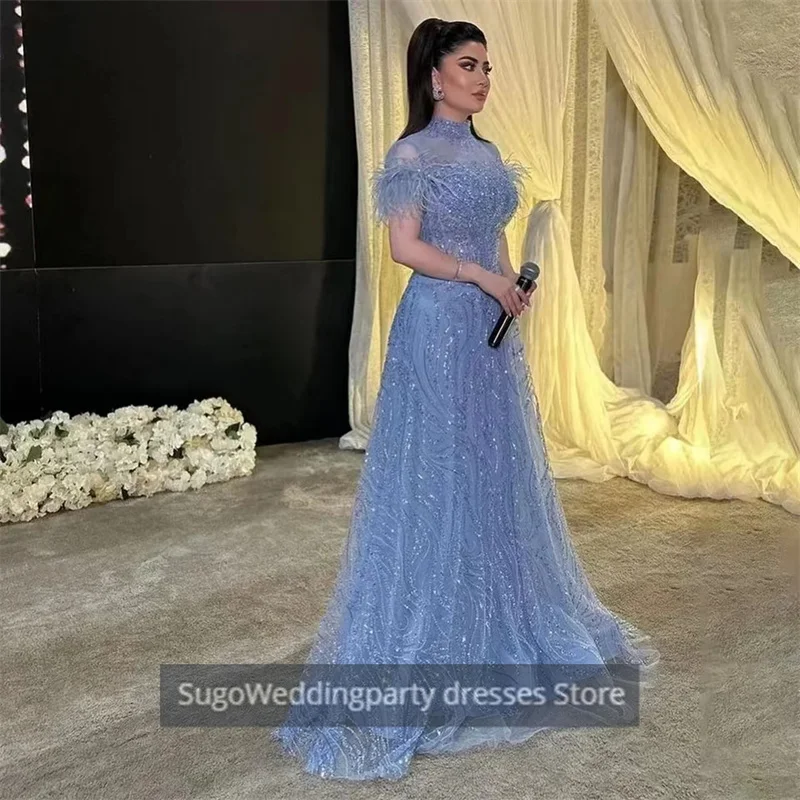 High Neck Evening Dresses Short Sleeve  Sequin Tulle Feathers Floor Length Saudi Arabia Dresses Party Dresses 2024