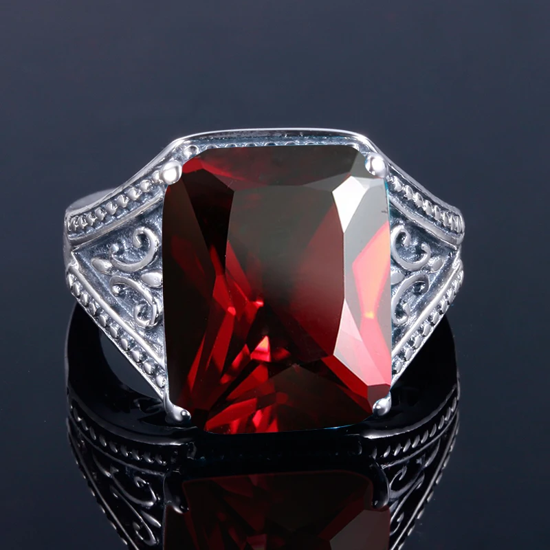 Garnet Ring for Her - Signet 925 Sterling Silver Ring - Handmade Jewelry - Gemstone Ring for Women's - Emerald Cut Stone Shape - Summer Gift