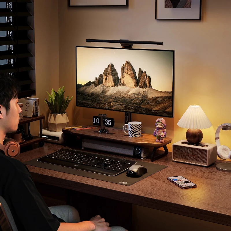 Walnut Wood Monitor Riser — Desk Stand with Keyboard Storage