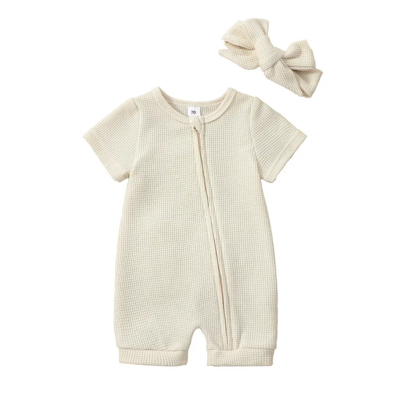 

Newborn Baby Girl Boy Romper 2Pcs Summer Clothes 2023 Outfits Short Sleeve Zip Up Jumpsuit with Headband Set Baby Items Things