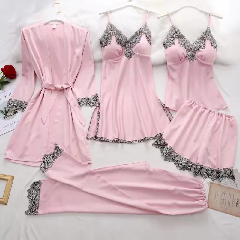 Women's Home Clothing ImItatIon Silk Pajamas Fun Lingerie SuSpender Sexy Five Piece Set