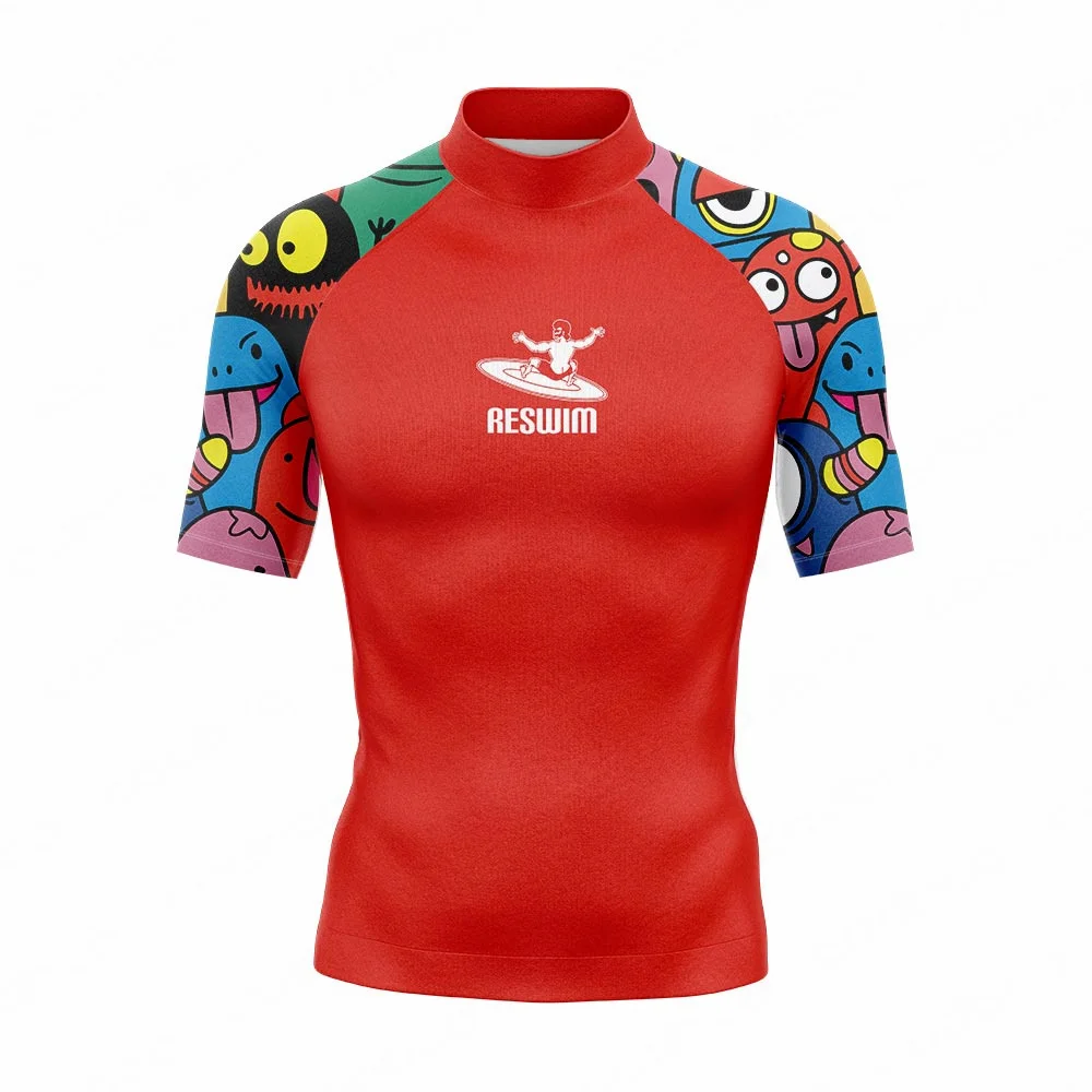 Mens Rash Guards Swimsuit Swimming Surf T-shirt Beach Sun UV Protection Swimwear Short Sleeve Surf Diving Bathing Suit Rashguard