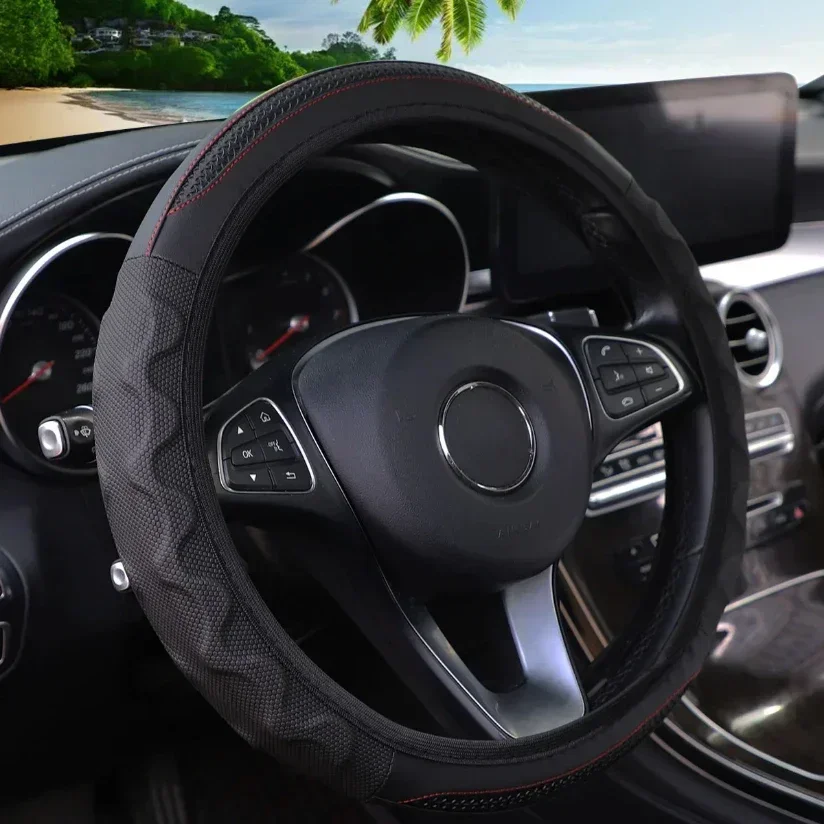 Universal Anti-Slip Leather Steering Wheel Cover - Breathable, All-Season, 15-inch