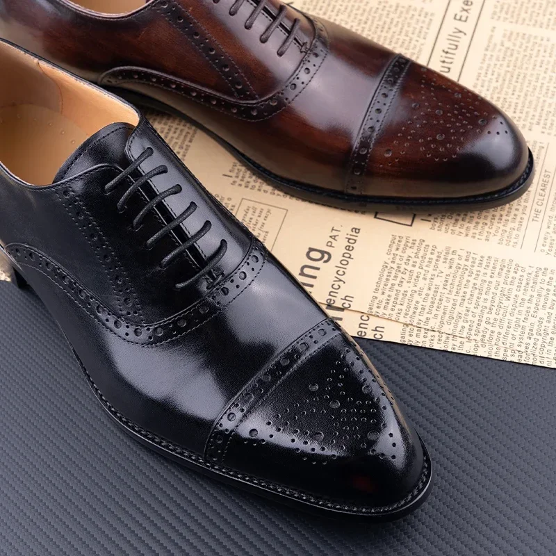 Brogue Men's Genuine Leather Oxford Shoes Handmade Pointed Toe High Quality Formal Shoes for Office Weddings Gift for Husband