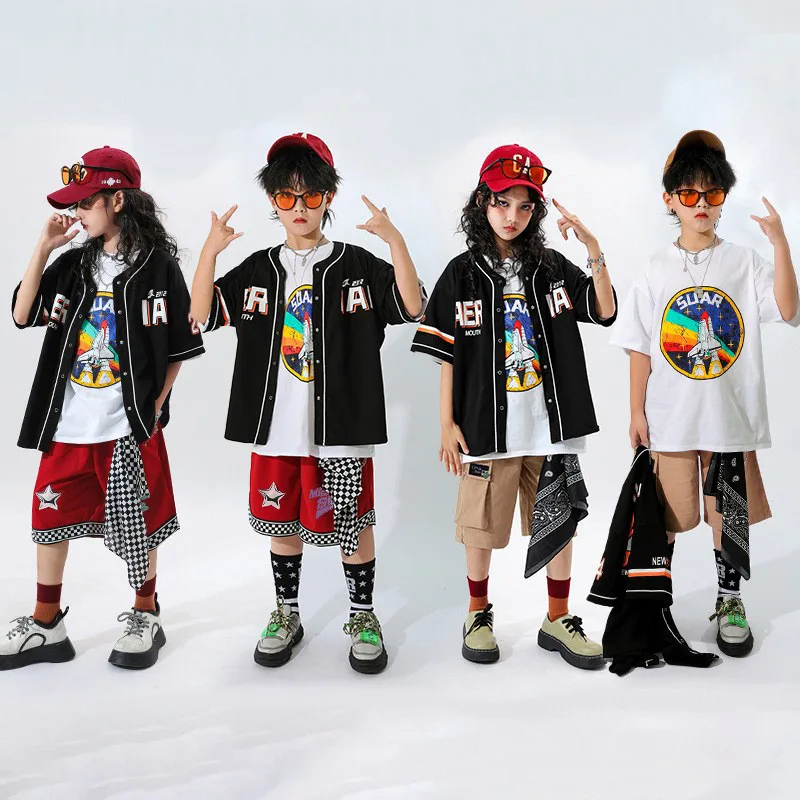 

Teen Kids Kpop Hip Hop Clothing Baseball Short Sleeve Shirt Tops Khaki Shorts Streetwear for Girl Boy Jazz Dance Costume Clothes