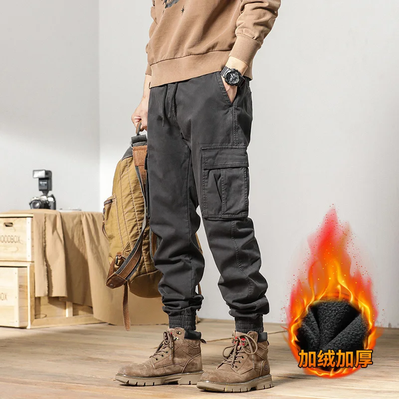 2024 Autumn/Winter Retro Casual Multi Pocket Cargo Warm Pants Wear Resistant Outdoor Thicken the Fleece Three Colors Available