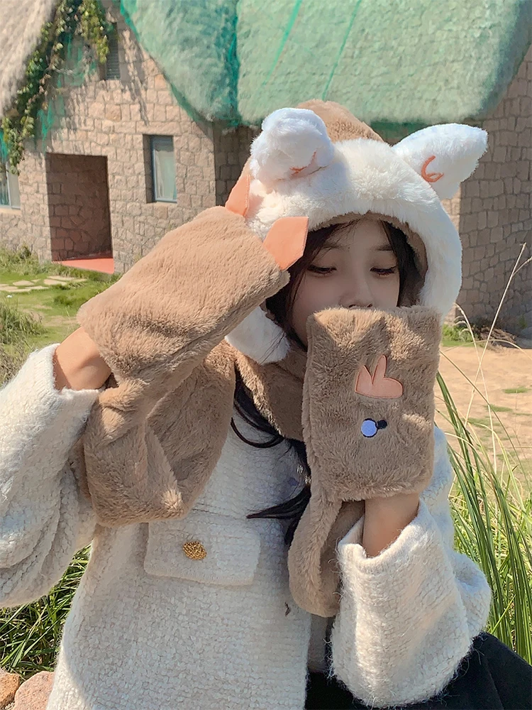 女性のためのかわいいクマの帽子暖かい厚いベルベットの冬のファッション屋外スキーの帽子女の子のための3ピースのギフト